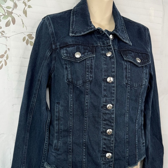 Silent New York Womens Dark Blue Denim Fray Trucker Jean Jacket Medium M - Picture 3 of 11